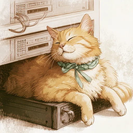 Clementine, a chonky ginger cat in a sage-green ribbon, napping on a rack of server hardware